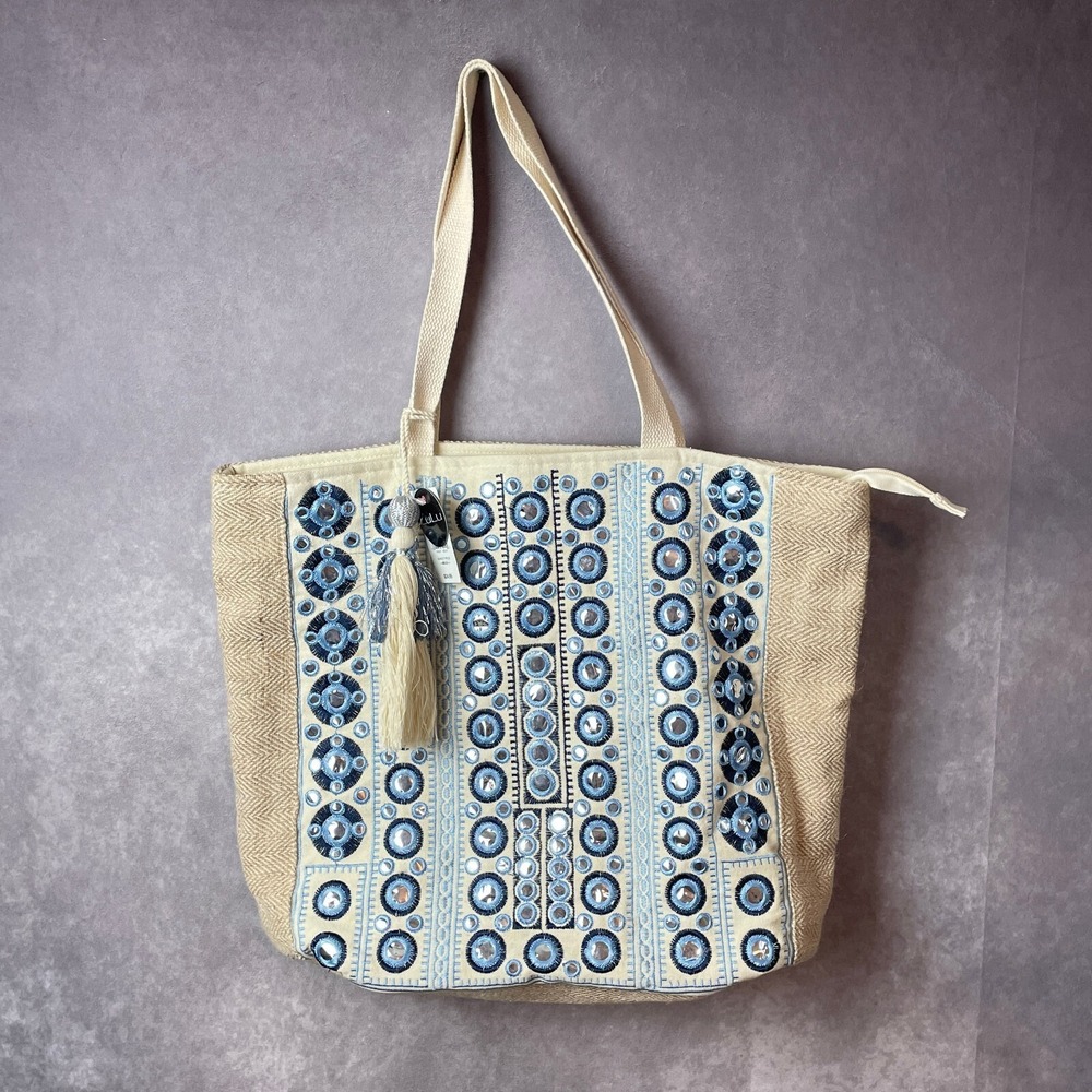 Lulu Jute Blend Tote‎ Bag Tan Blue Embroidered Circle Shimmer Tassle NEW